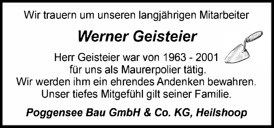Traueranzeige von Werner Geisteier von MARKT Bad Oldesloe/Reinfeld und Stormarner Tageblatt