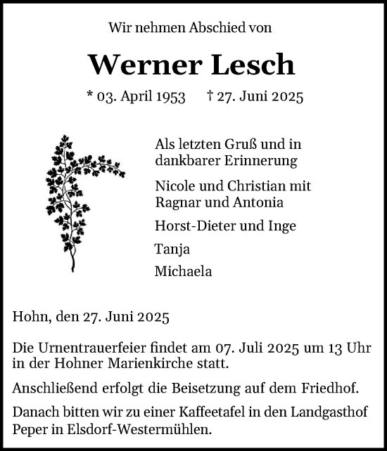 Traueranzeige von Werner Lesch von Schleswig-Holsteinische Landeszeitung