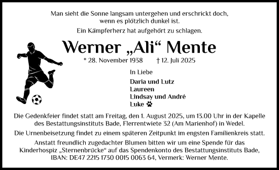 Traueranzeige von Werner Mente von Wedel-Schulauer Tageblatt, tip Wedel-Schulauer Tageblatt, tip Rissener Rundschau