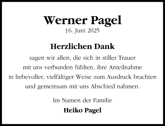 Traueranzeige von Werner Pagel von MARKT Bad Oldesloe/Reinfeld und Stormarner Tageblatt