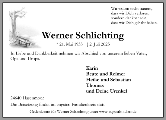 Traueranzeige von Werner Schlichting von Umschau