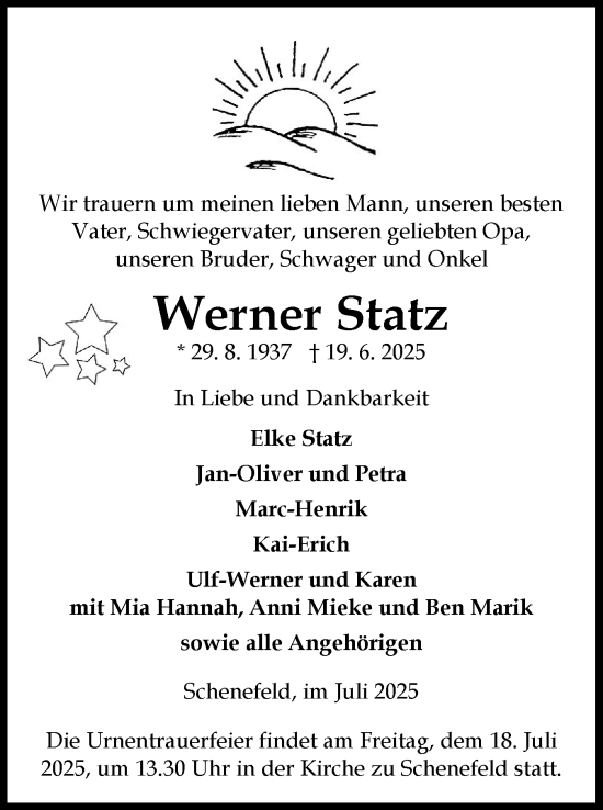 Traueranzeige von Werner Statz von Norddeutsche Rundschau, Wilstersche Zeitung, Glückstädter Fortuna