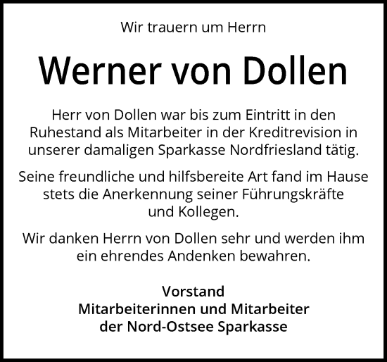 Traueranzeige von Werner von Dollen von Husumer Nachrichten, Nordfriesland Tageblatt