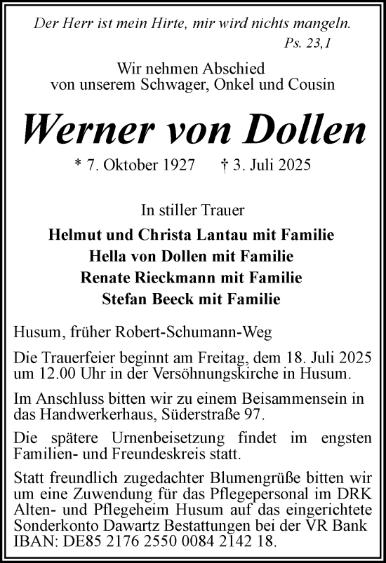 Traueranzeige von Werner von Dollen von Husumer Nachrichten, Nordfriesland Tageblatt