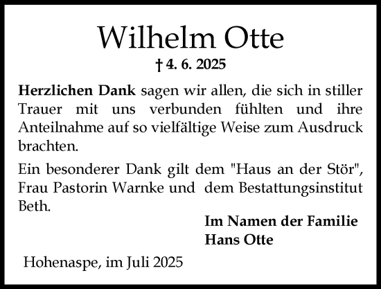 Traueranzeige von Wilhelm Otte von Norddeutsche Rundschau, Wilstersche Zeitung, Glückstädter Fortuna