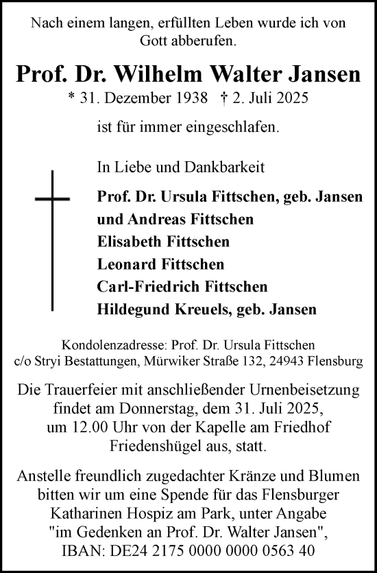 Traueranzeige von Wilhelm Walter Jansen von Flensburger Tageblatt