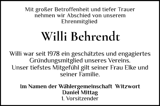 Traueranzeige von Willi Behrendt von Husumer Nachrichten, Nordfriesland Tageblatt