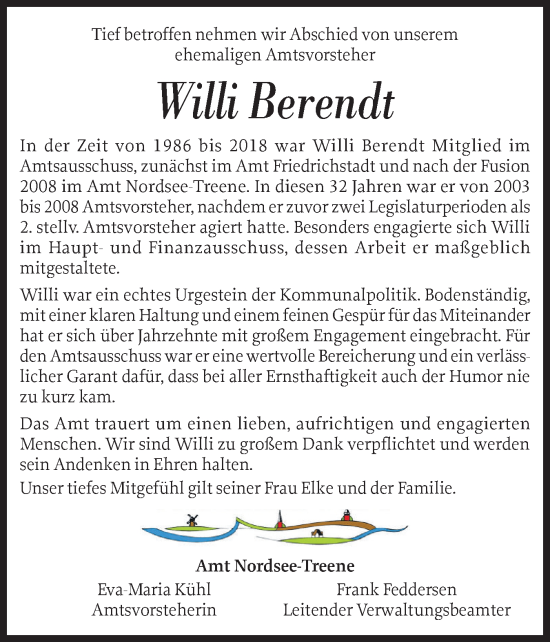 Traueranzeige von Willi Berendt von Husumer Nachrichten, Nordfriesland Tageblatt