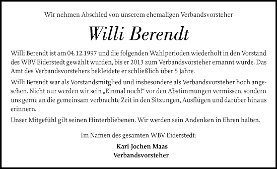 Traueranzeige von Willi Berendt von Husumer Nachrichten, Nordfriesland Tageblatt