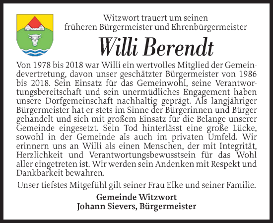 Traueranzeige von Willi Berendt von Husumer Nachrichten, Nordfriesland Tageblatt