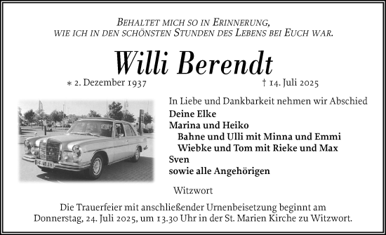 Traueranzeige von Willi Berendt von Husumer Nachrichten, Nordfriesland Tageblatt