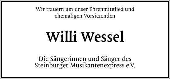 Traueranzeige von Willi Wessel von Norddeutsche Rundschau, Wilstersche Zeitung, Glückstädter Fortuna