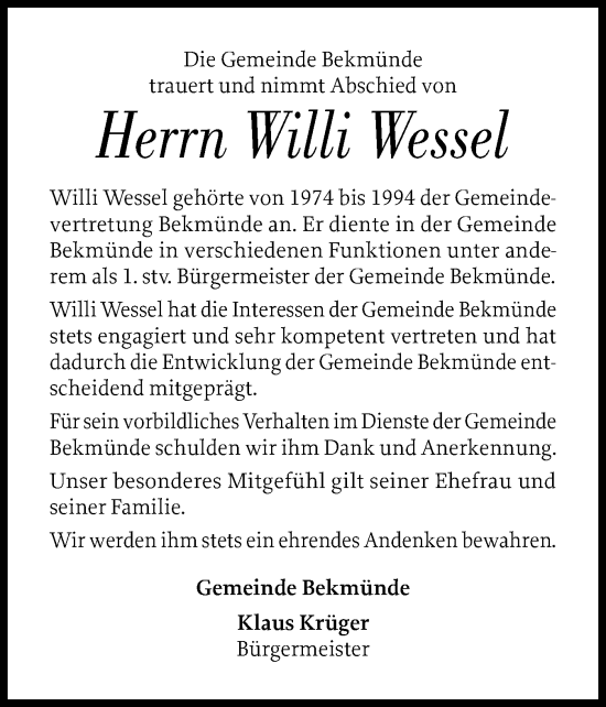 Traueranzeige von Willi Wessel von Norddeutsche Rundschau, Wilstersche Zeitung, Glückstädter Fortuna