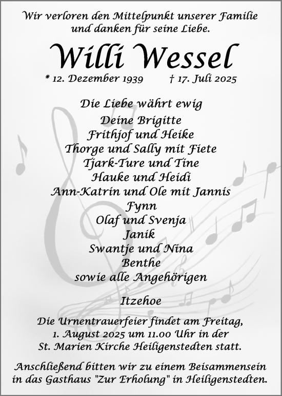 Traueranzeige von Willi Wessel von Norddeutsche Rundschau, Wilstersche Zeitung, Glückstädter Fortuna