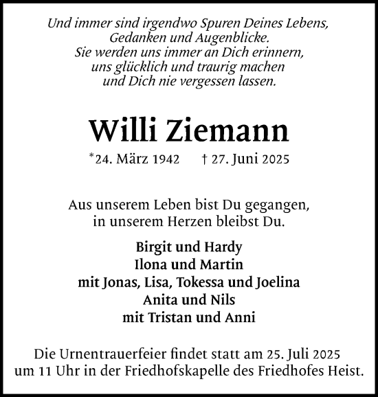 Traueranzeige von Willi Ziemann von Uetersener Nachrichten, Der tip am Wochenende