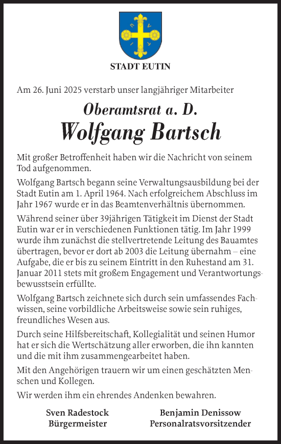 Traueranzeige von Wolfgang Bartsch von Ostholsteiner Anzeiger