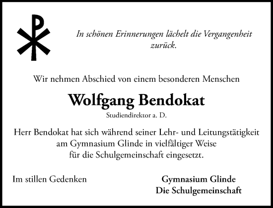Traueranzeige von Wolfgang Bendokat von MARKT Glinde/Reinfeld