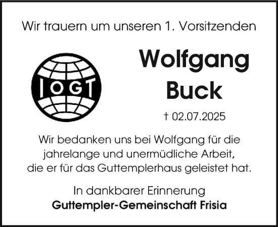 Traueranzeige von Wolfgang Buck von Sylter Rundschau