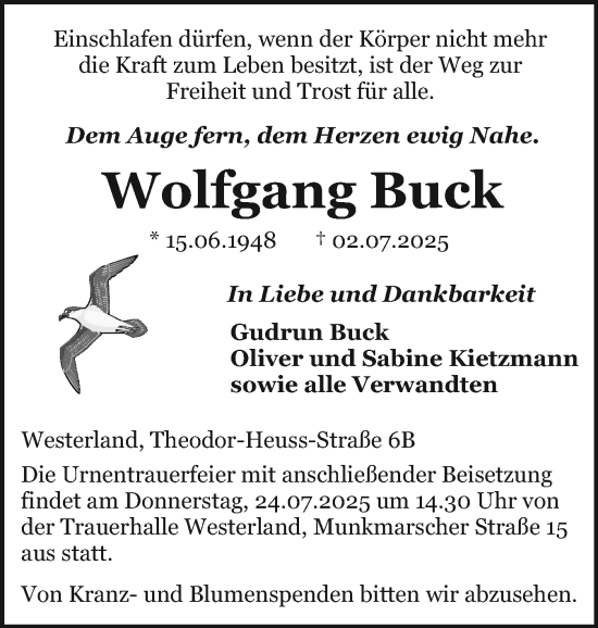 Traueranzeige von Wolfgang Buck von Sylter Rundschau
