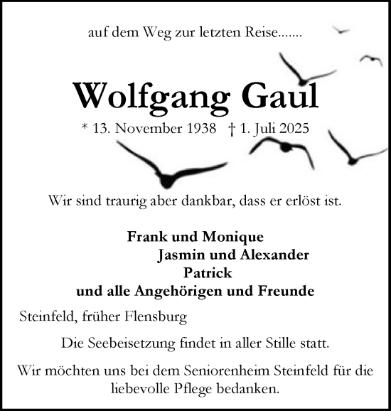 Traueranzeige von Wolfgang Gal von Flensburger Tageblatt