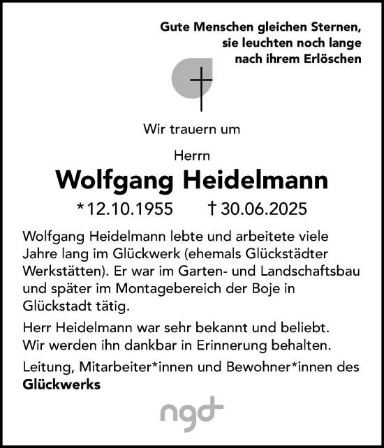Traueranzeige von Wolfgang Heidelmann von Norddeutsche Rundschau, Wilstersche Zeitung, Glückstädter Fortuna