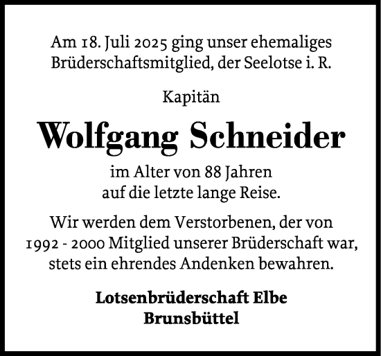 Traueranzeige von Wolfgang Schneider von Norddeutsche Rundschau, Wilstersche Zeitung, Glückstädter Fortuna