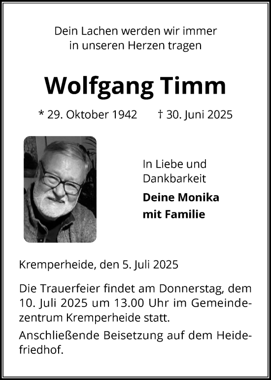 Traueranzeige von Wolfgang Timm von Norddeutsche Rundschau, Wilstersche Zeitung, Glückstädter Fortuna
