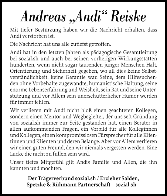 Traueranzeige von Andreas Reiske von Schleswiger Nachrichten, Schlei-Bote