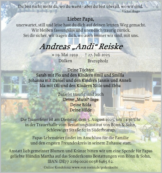 Traueranzeige von Andreas Reiske von Schleswiger Nachrichten, Schlei-Bote