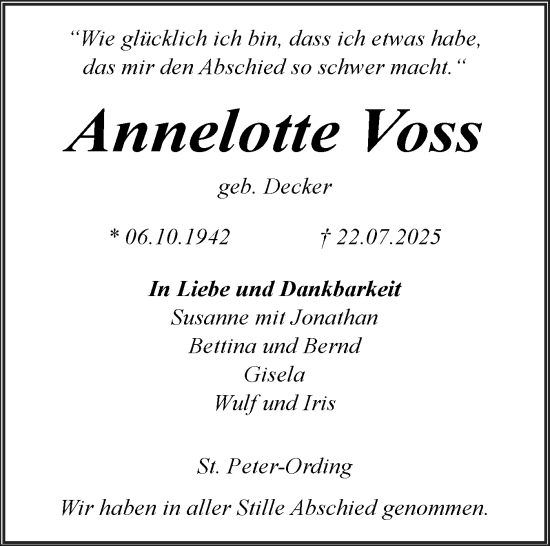 Traueranzeige von Annelotte Voss von Husumer Nachrichten, Nordfriesland Tageblatt