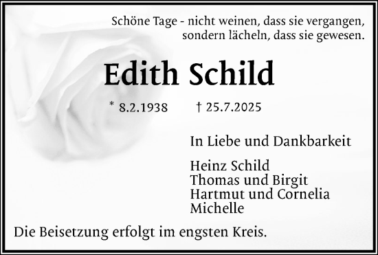 Traueranzeige von Edith Schild von Schleswig-Holsteinische Landeszeitung