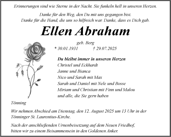 Traueranzeige von Ellen Abraham von Husumer Nachrichten, Nordfriesland Tageblatt