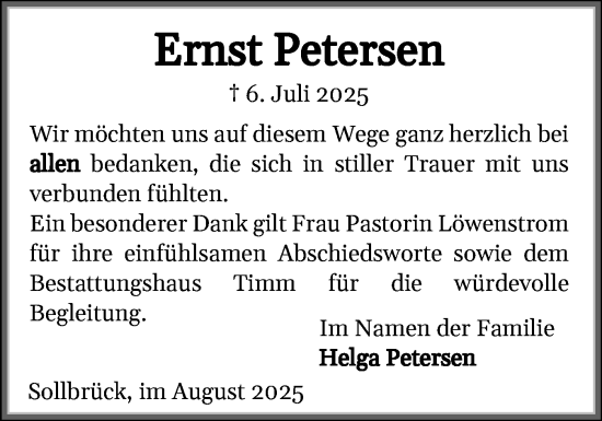 Traueranzeige von Ernst Petersen von Flensburger Tageblatt, Schleswiger Nachrichten, Schlei-Bote