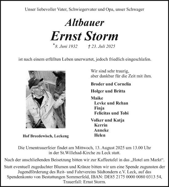 Traueranzeige von Ernst Storm von Region Flensburg