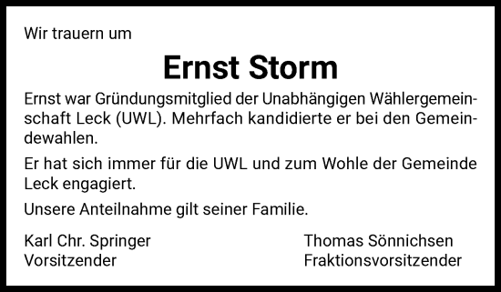 Traueranzeige von Ernst Storm von Husumer Nachrichten, Nordfriesland Tageblatt