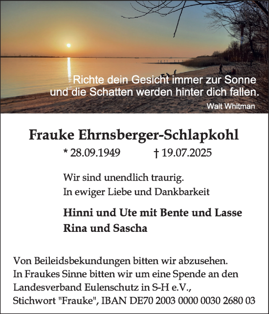 Traueranzeige von Frauke Ehrnsberger-Schlapkohl von Norddeutsche Rundschau, Wilstersche Zeitung, Glückstädter Fortuna