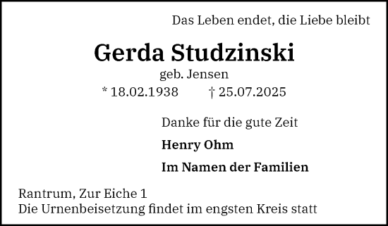 Traueranzeige von Gerda Studzinski von Die WochenSchau Gesamtausgabe