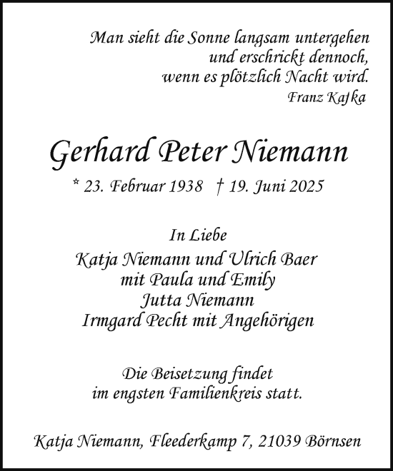Traueranzeige von Gerhard Peter Niemann von Wochenend Anzeiger