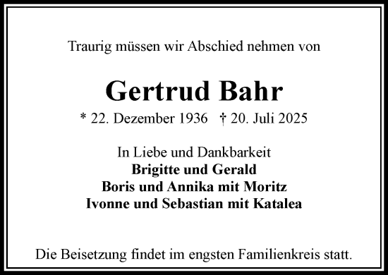 Traueranzeige von Gertrud Bahr von Wochenend Anzeiger