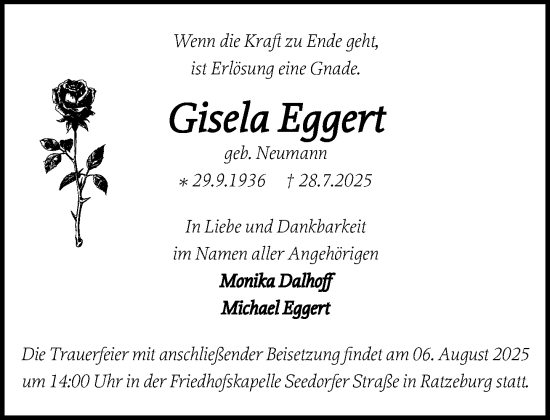 Traueranzeige von Gisela Eggert von MARKT Ratzeburg/Mölln
