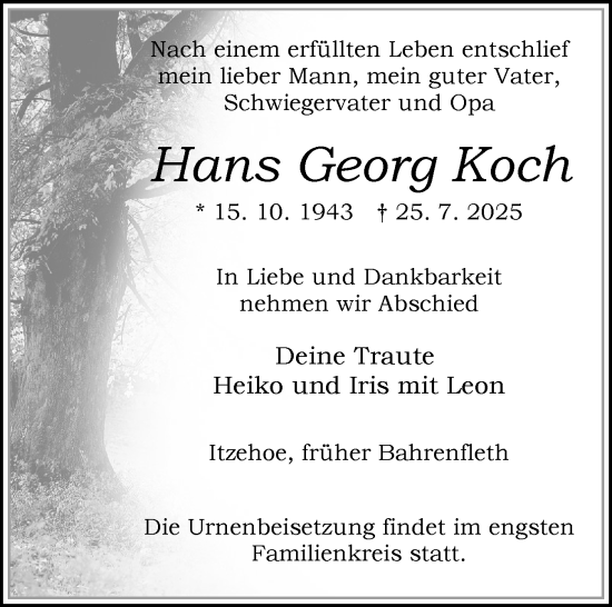 Traueranzeige von Hans Georg Koch von Norddeutsche Rundschau, Wilstersche Zeitung, Glückstädter Fortuna