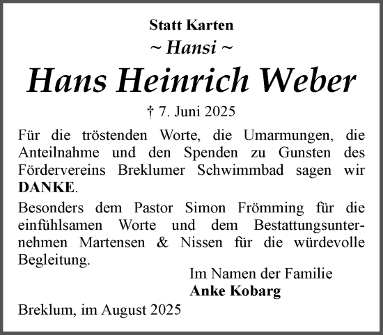 Traueranzeige von Hans Heinrich Weber von Husumer Nachrichten, Nordfriesland Tageblatt