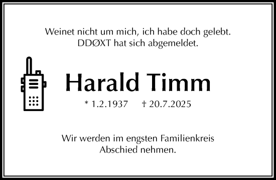 Traueranzeige von Harald Timm von MARKT Ratzeburg/Mölln