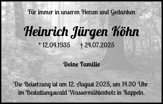 Traueranzeige von Heinrich Jürgen Köhn von Schleswiger Nachrichten, Schlei-Bote