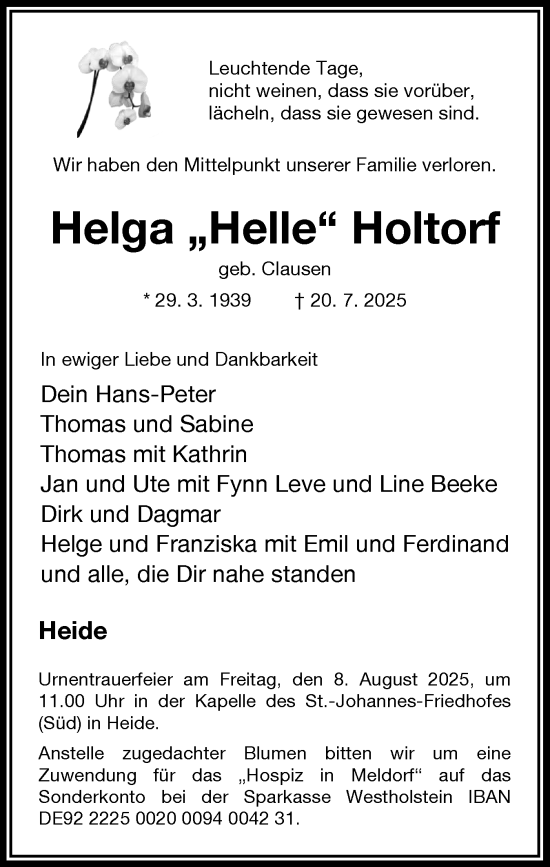 Traueranzeige von Helga „Helle“ Holtorf von Husumer Nachrichten, Nordfriesland Tageblatt