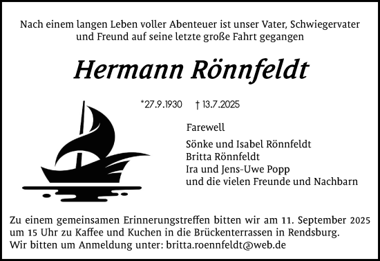 Traueranzeige von Hermann Rönnfeldt von Schleswig-Holsteinische Landeszeitung