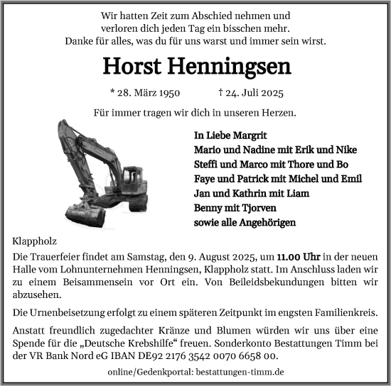 Traueranzeige von Horst Henningsen von Flensburger Tageblatt, Schleswiger Nachrichten, Schlei-Bote