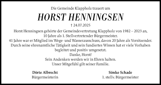 Traueranzeige von Horst Henningsen von Schleswiger Nachrichten, Schlei-Bote
