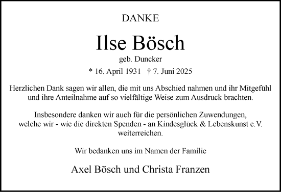 Traueranzeige von Ilse Bösch von Wedel-Schulauer Tageblatt, tip Wedel-Schulauer Tageblatt, tip Rissener Rundschau