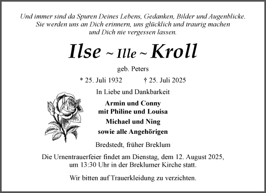 Traueranzeige von Ilse Kroll von Husumer Nachrichten, Nordfriesland Tageblatt